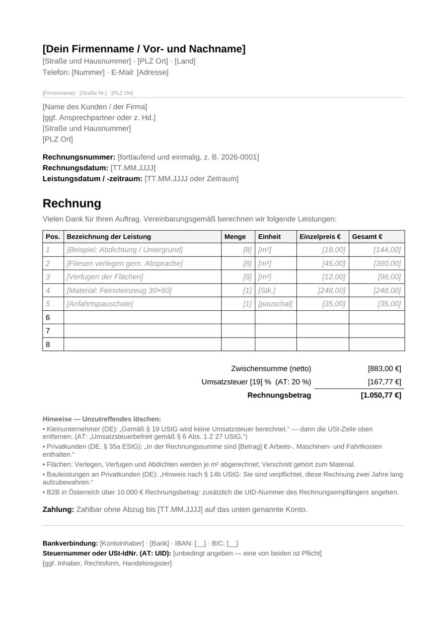Vorschau der Fliesenleger-Rechnungsvorlage: Briefkopf, Empfängerfeld, Positionstabelle mit Abdichtung, Verlegen, Verfugen, Material und Anfahrt, Summenblock mit Umsatzsteuer sowie Hinweisblock