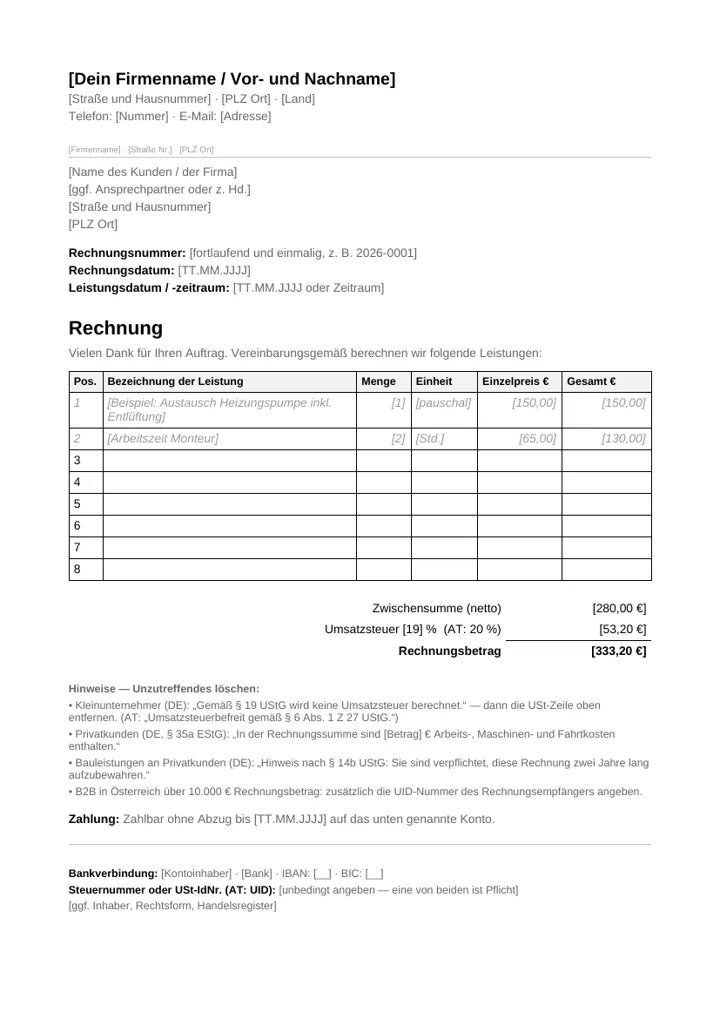 Vorschau der Rechnungsvorlage: Briefkopf, Empfängerfeld, Positionstabelle mit Menge, Einheit und Preisen, Summenblock mit Umsatzsteuer sowie Fußblock mit Bankverbindung und Steuernummer