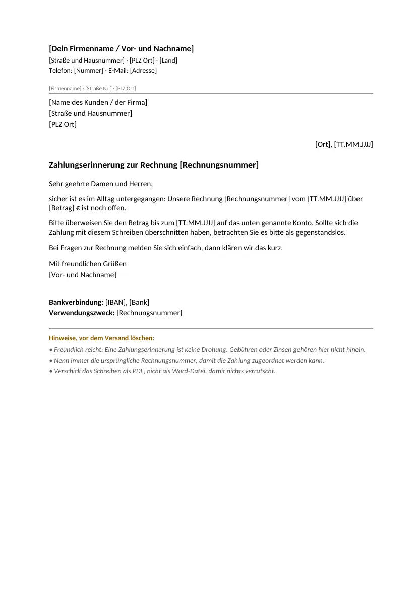 Vorschau des Zahlungserinnerung-Musters: Briefkopf, Empfängerfeld, Betreff mit Rechnungsnummer, drei kurze Absätze und Bankverbindung